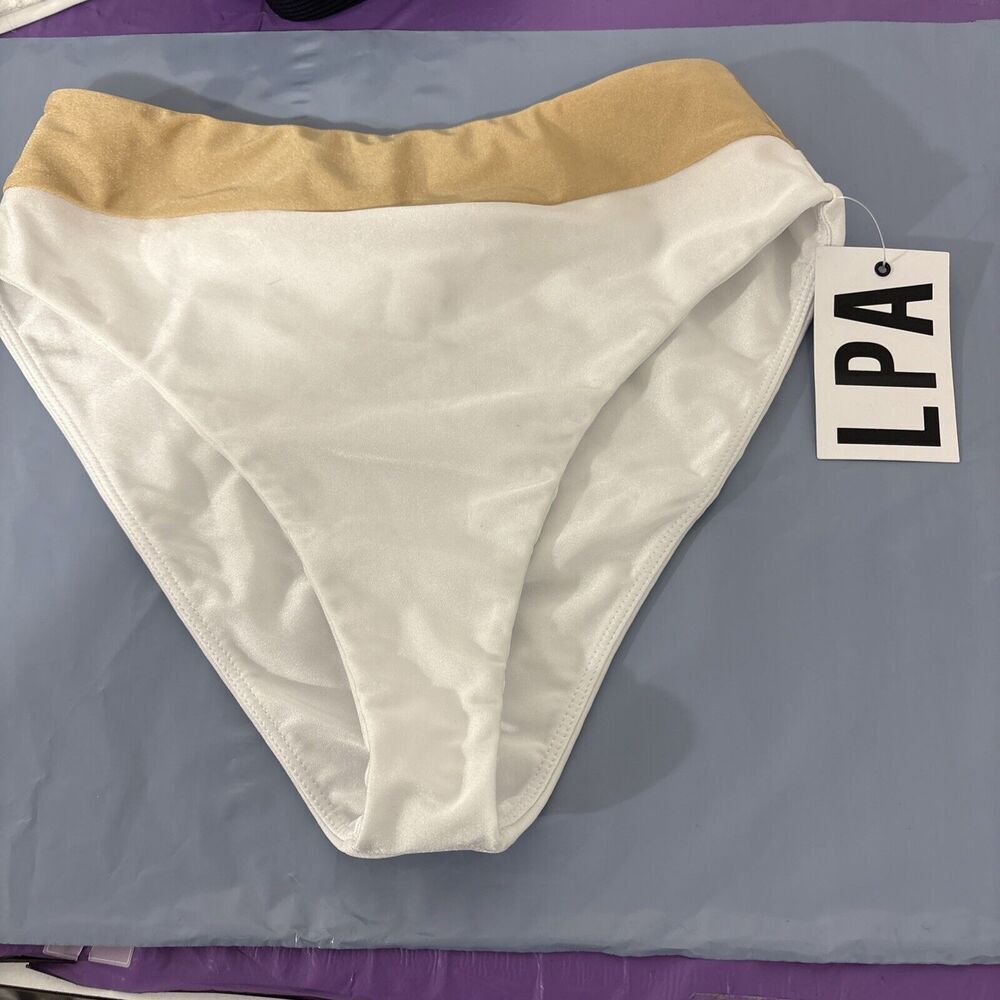 LPA Foster High Waist Bikini Bottom White & Gold Size S Swimwear Colorblock